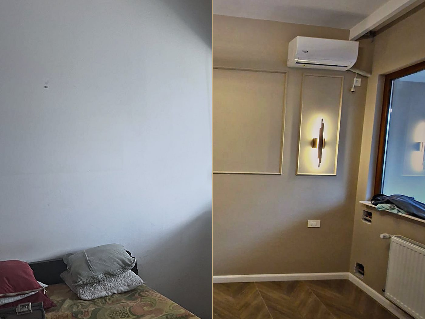 Dormitorul înainte și după: în stânga camera nerenovată, în dreapta peretele cu boiserie și aplice