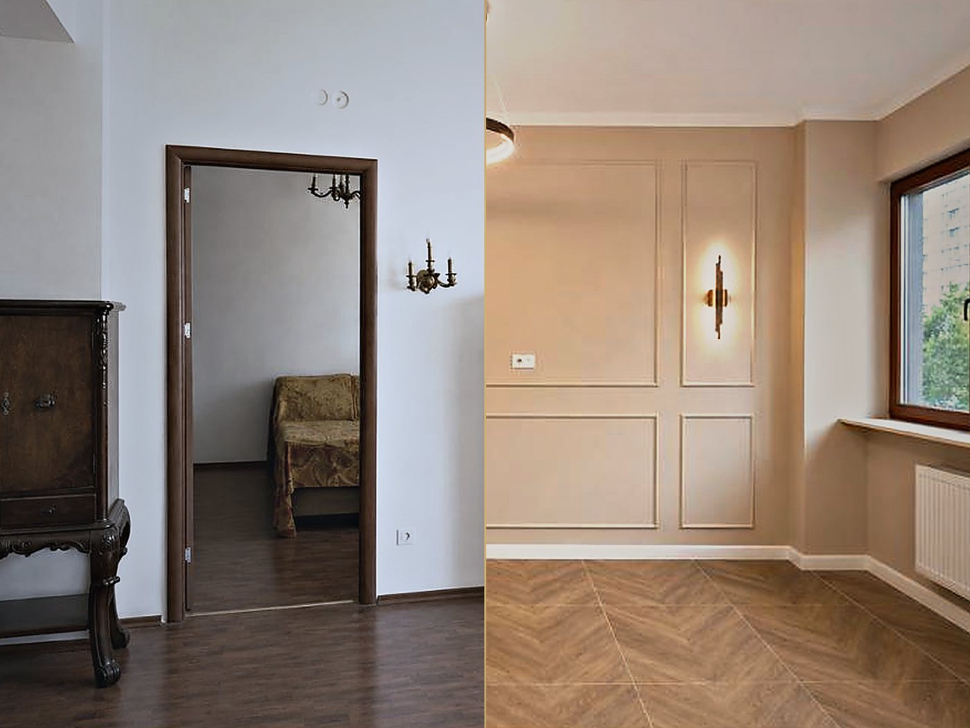 Livingul înainte și după renovare: în stânga mobilierul vechi și parchetul uzat, în dreapta boiseria și parchetul în spic