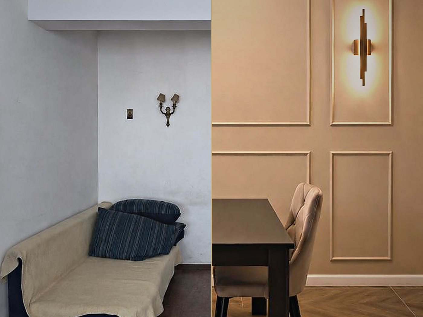 Sufrageria înainte și după: în stânga camera nefinisată cu aplica veche de alamă, în dreapta peretele cu boiserie, aplica nouă și masa de luat masa